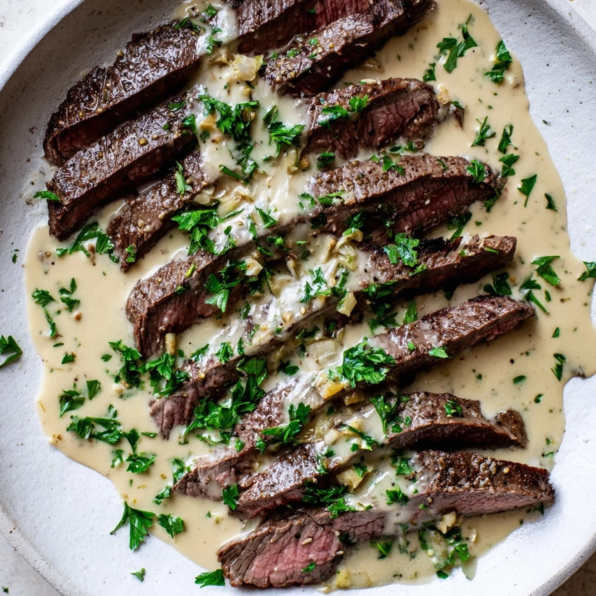 Perfectly seared flank steak topped with velvety roasted garlic sauce, garnished with fresh parsley and ready to serve.