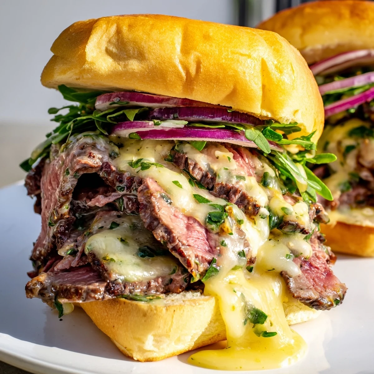 Juicy sliced steak layered on soft buns with zesty cowboy butter and fresh arugula.
