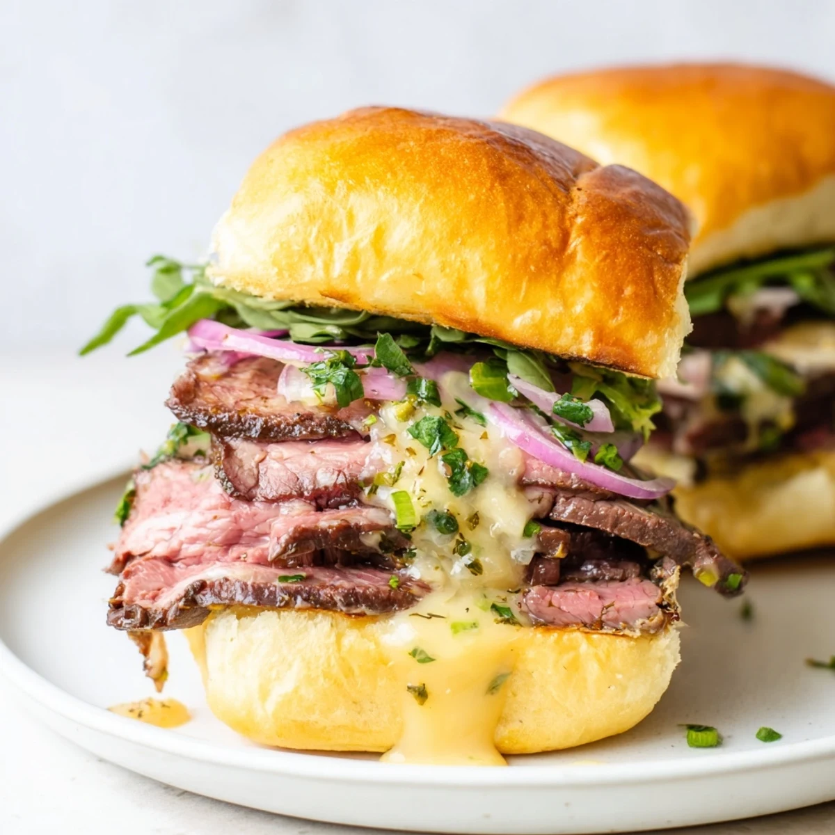 Golden toasted slider buns holding seasoned steak, bright herbs, and a dollop of cowboy butter.