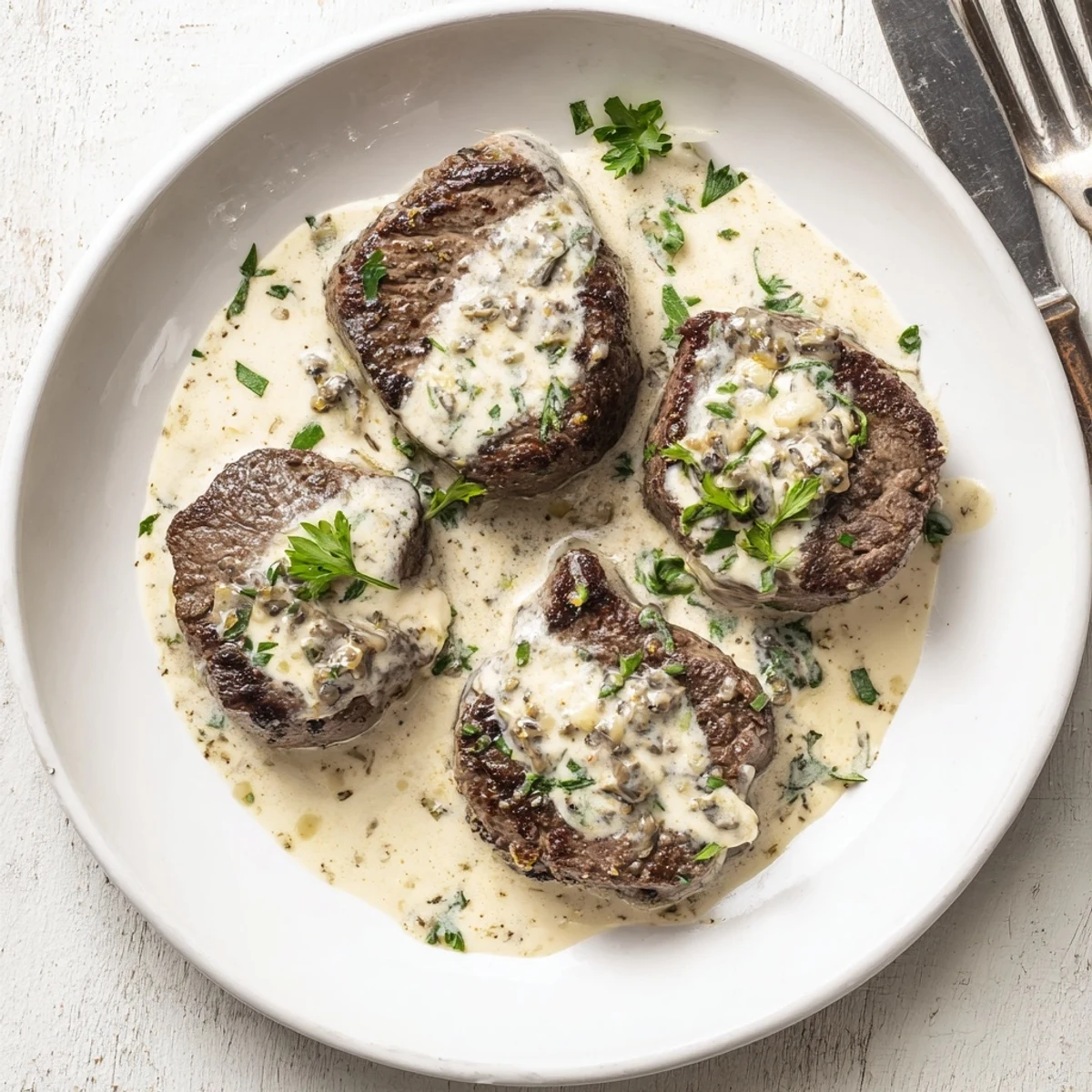 Garlic Butter Steak with Parmesan Cream Sauce served over a plate with fresh parsley garnish.