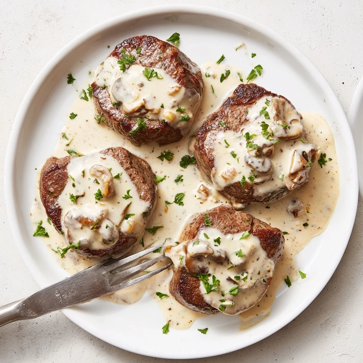 Four seared sirloin medallions glistening with garlic butter, topped with creamy Parmesan sauce in a skillet.