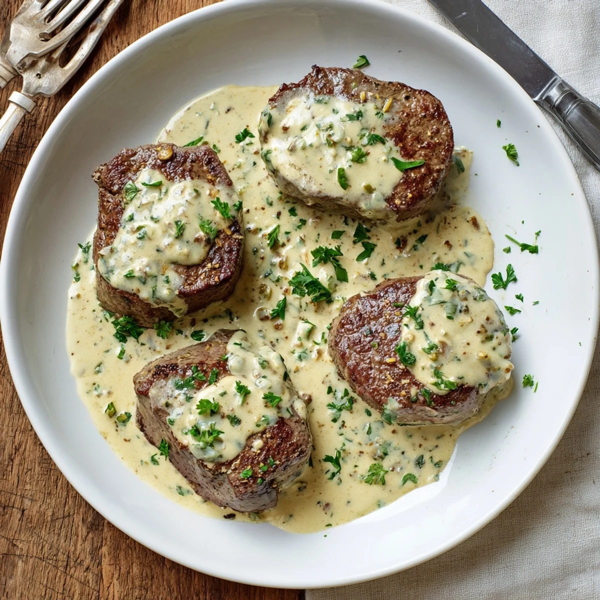Sizzling steak resting under a luscious garlic Parmesan cream sauce, ready for an elegant dinner.