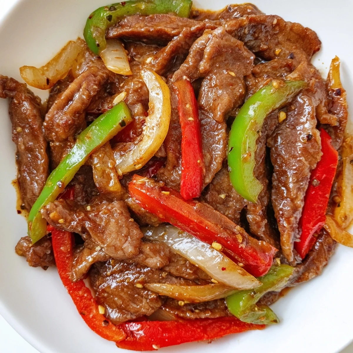 Steaming Sizzling Chinese Pepper Steak With Onions in a wok with vibrant peppers and onions.