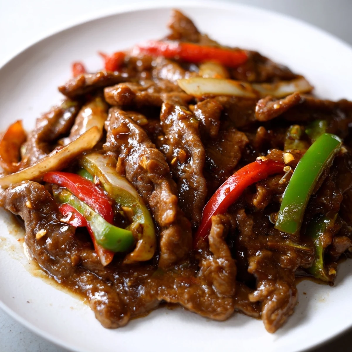 A close-up of tender beef strips coated in savory sauce from Sizzling Chinese Pepper Steak With Onions.