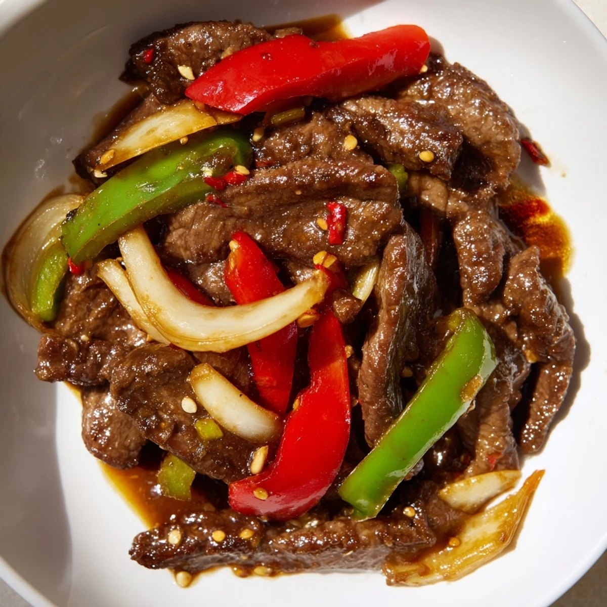 Sizzling Chinese Pepper Steak With Onions served hot over fluffy white rice with chopsticks nearby.