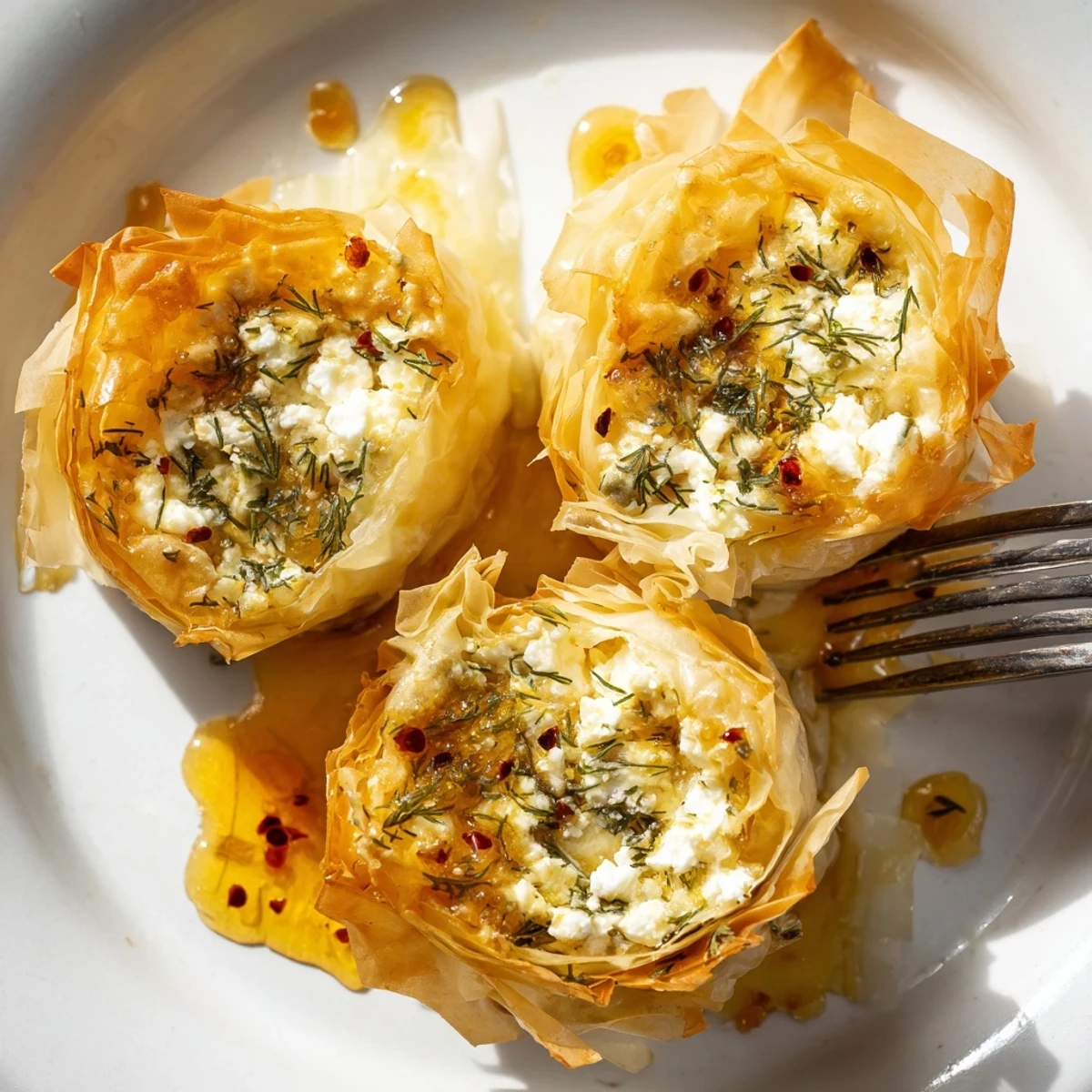 Crisp, flaky Oven Fried Feta Rolls with Spicy Chili Honey served warm, paired with a small bowl of vibrant honey drizzle.