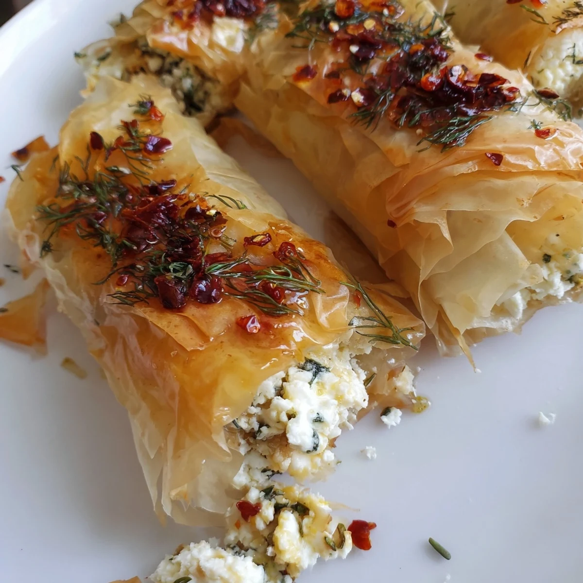 Appetizer platter of Oven Fried Feta Rolls with Spicy Chili Honey, garnished with herbs and ready for a party spread.
