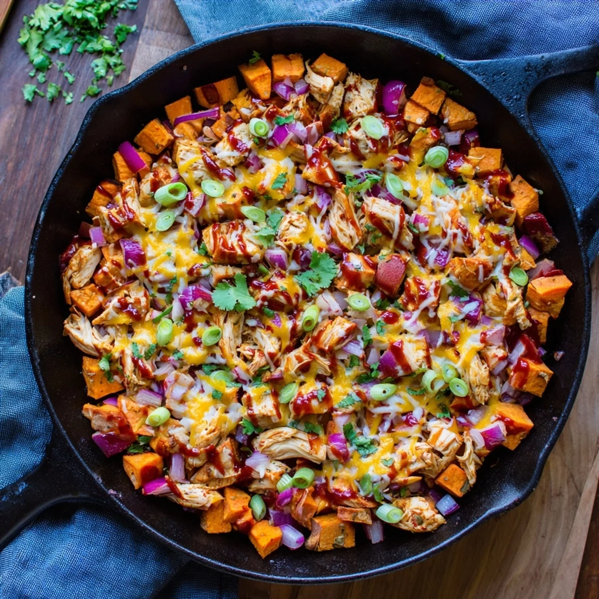 Golden melted cheddar and mozzarella blanket smoky BBQ chicken and tender sweet potatoes in this one-pan skillet.