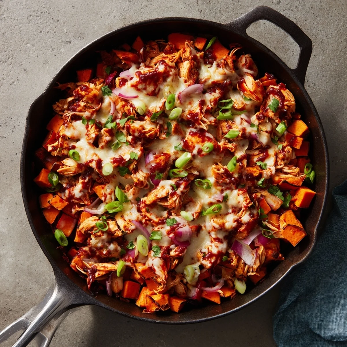 Skillet served hot with fresh green onions and optional jalapeños for a vibrant, spicy kick.
