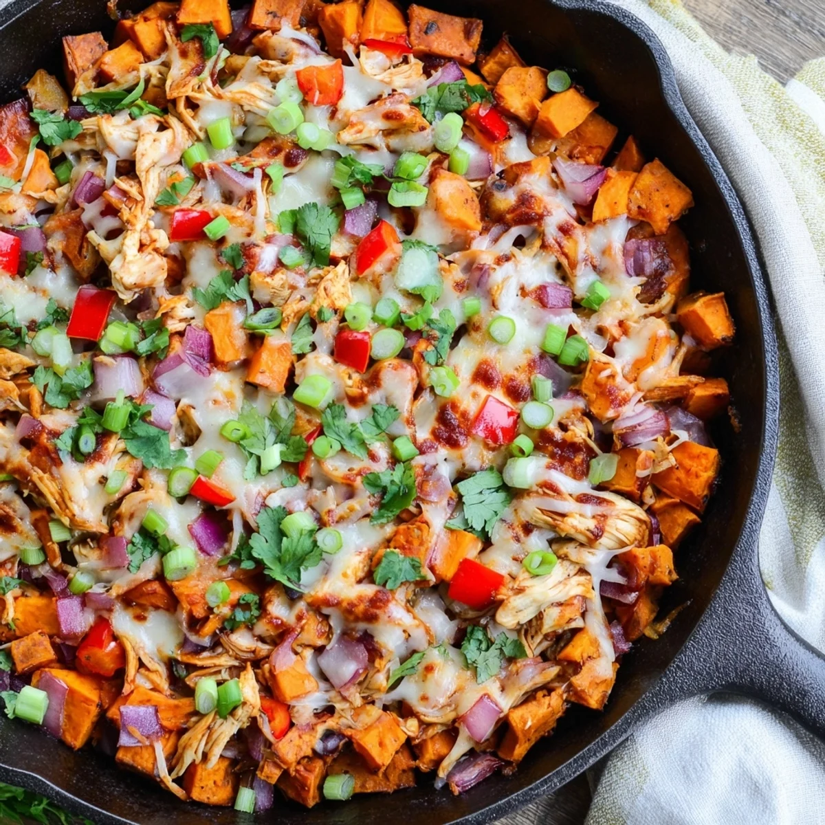 Sweet Potato Skillet with BBQ Chicken & Cheese offers a hearty, comforting meal ready in under 45 minutes.