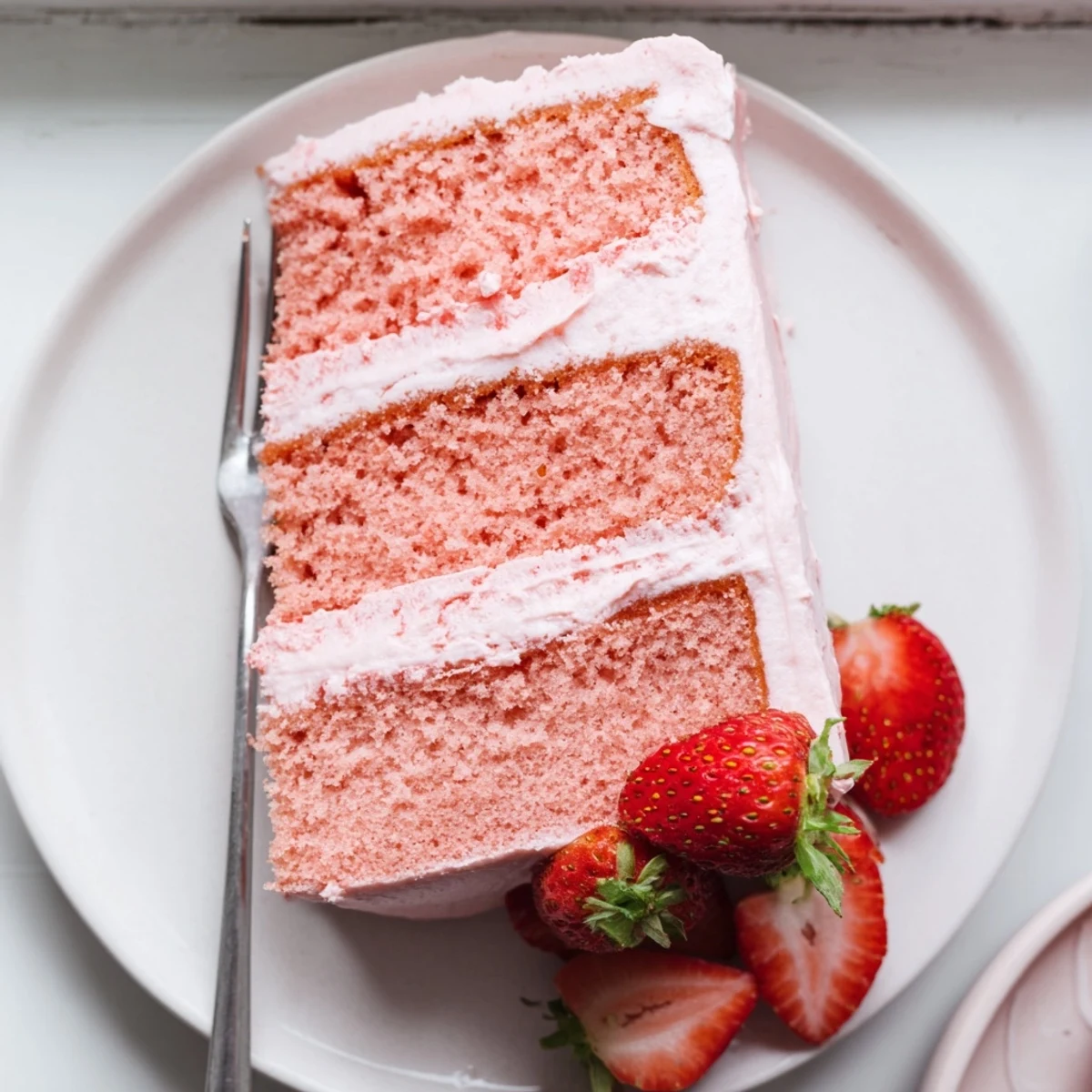 A slice of moist Strawberry Velvet Cake with creamy frosting, fresh berry garnish, and a tender crumb on a dessert plate.