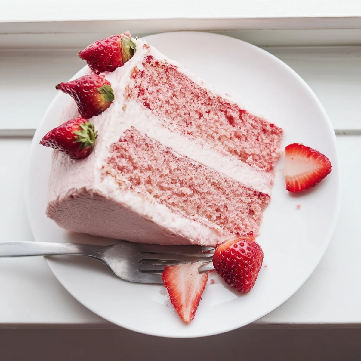 Freshly frosted Strawberry Velvet Cake topped with sliced strawberries, ready to serve at a spring celebration.