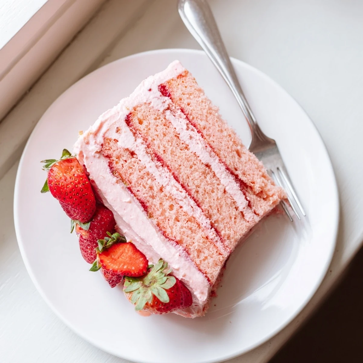 Close up of Strawberry Velvet Cake layers with pink strawberry purée filling and smooth cream cheese frosting swirls.