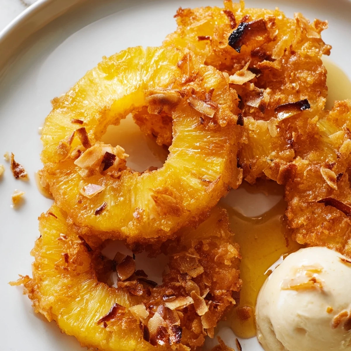 Crispy Fried Pineapple rings with golden caramelized edges served warm drizzled with honey.