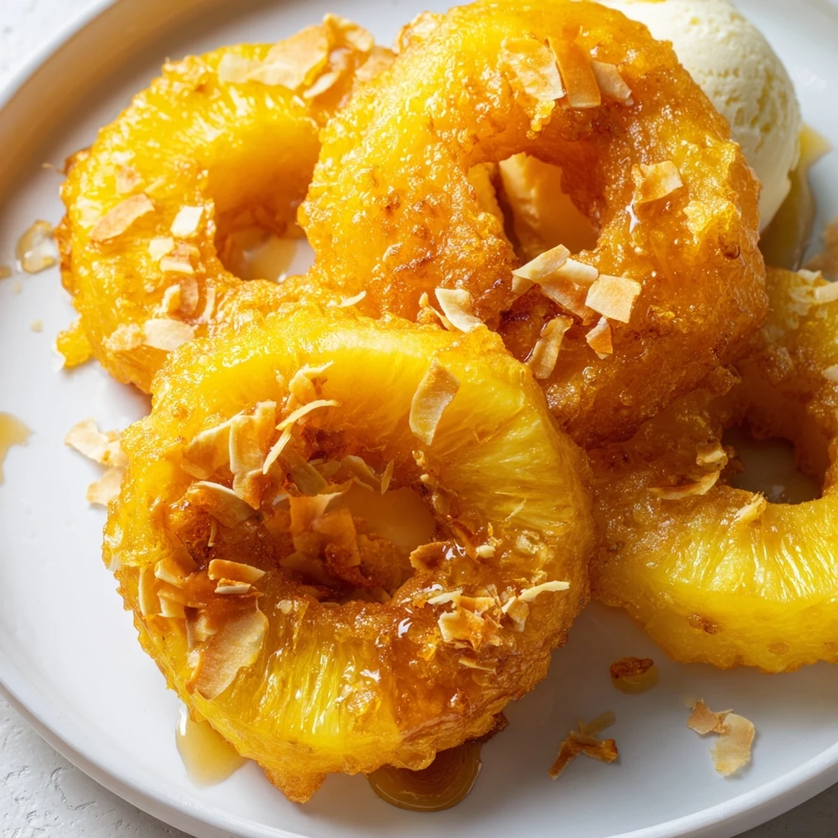 Freshly fried pineapple rings with a hint of cinnamon atop vanilla ice cream.