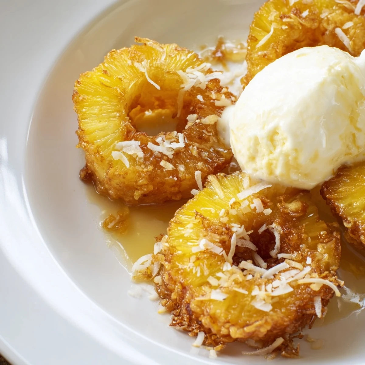 Sweet Fried Pineapple slices fried in batter, garnished with toasted coconut for dessert.