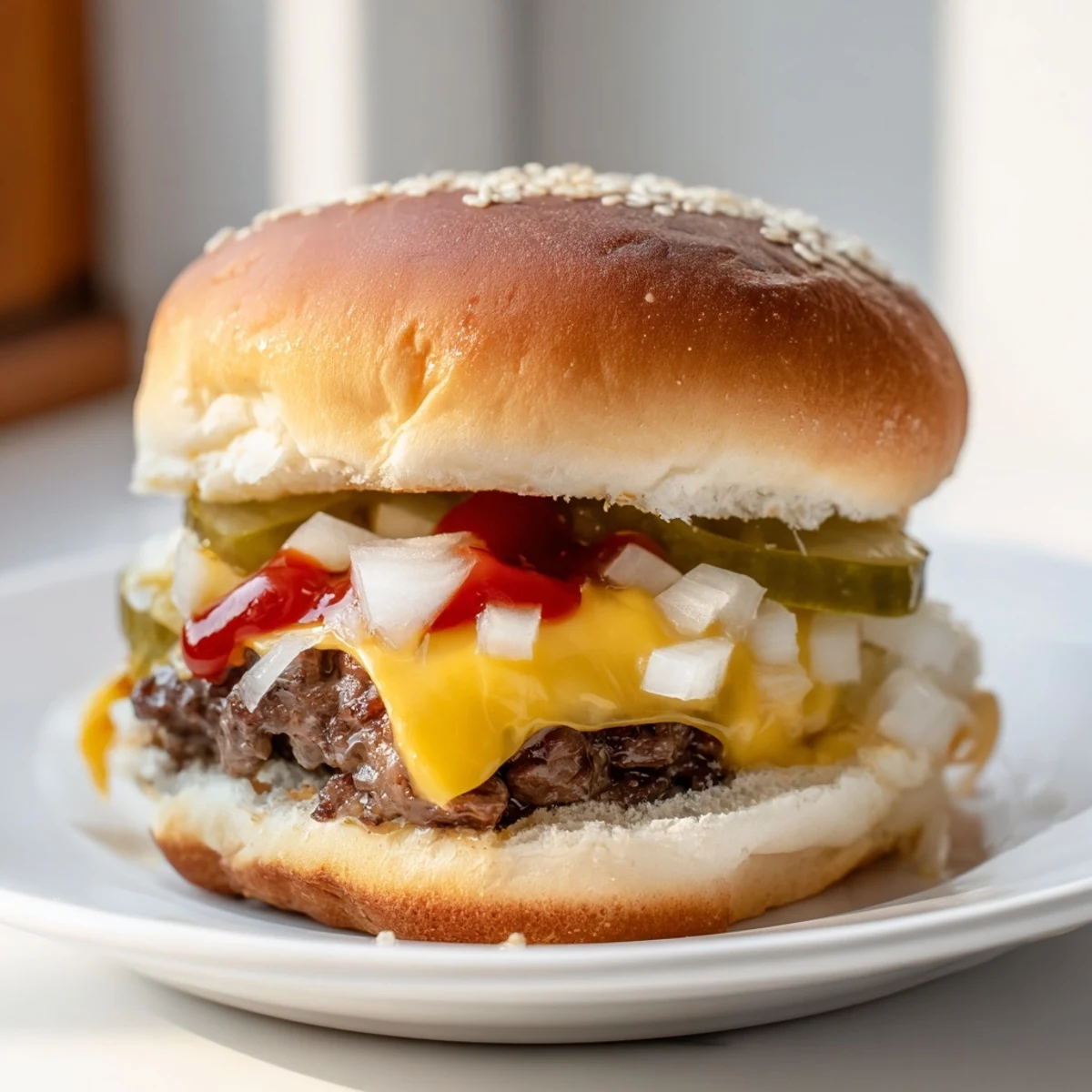 Freshly baked White Trash Sliders on a wooden board, featuring juicy beef patties with melted American cheese and tangy pickles on soft rolls.