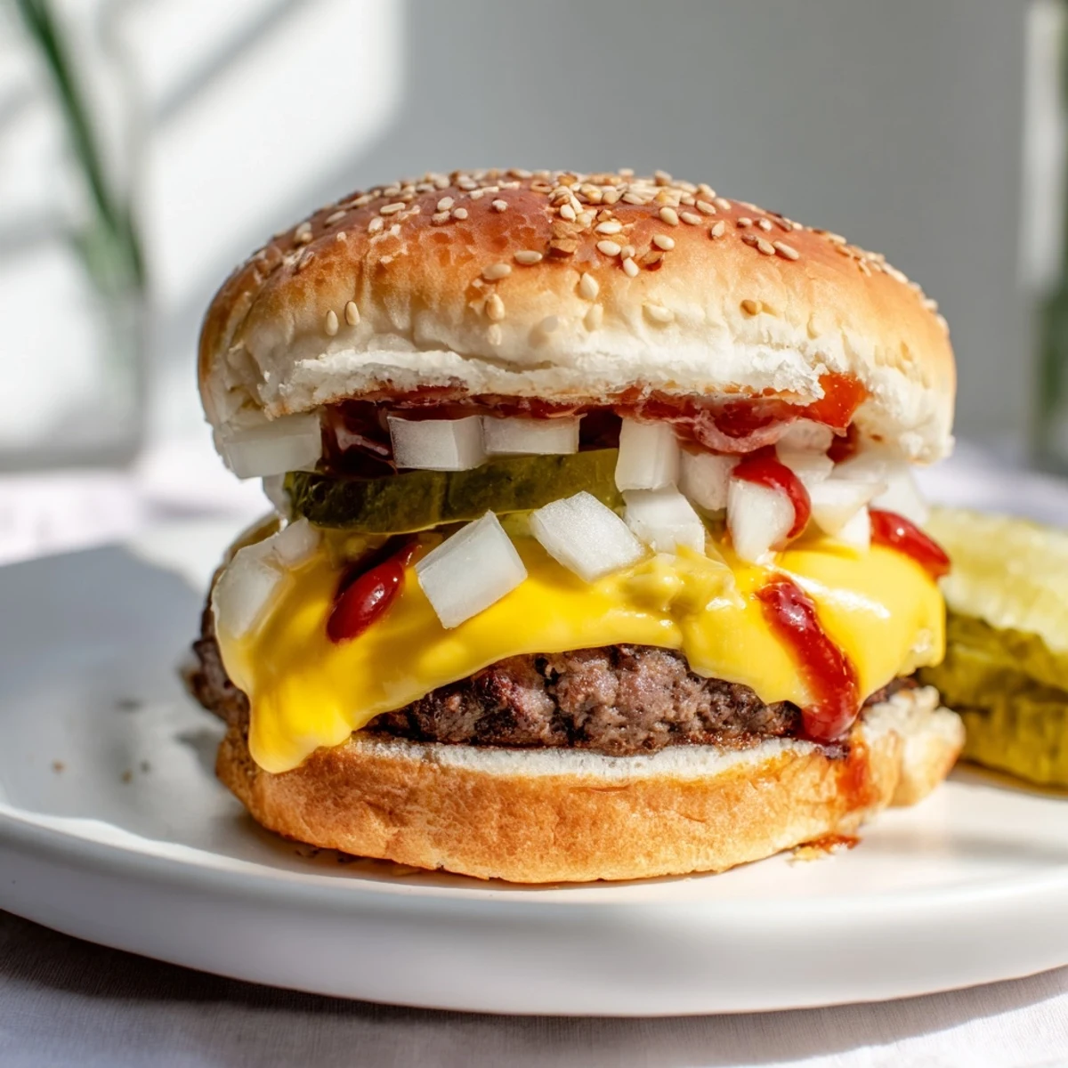 A close-up of White Trash Sliders with golden toasted buns, sesame seeds, and ketchup mustard drizzle, perfect for a casual game day spread.