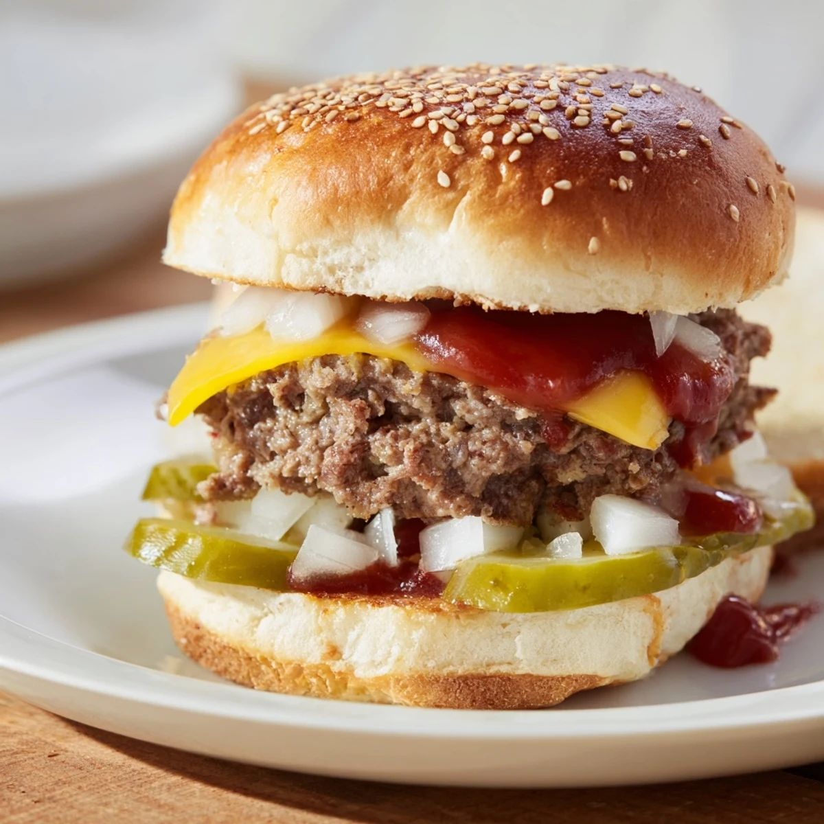 Overhead view of White Trash Sliders arranged on a serving tray, garnished with diced onions and pickles for an easy family dinner appetizer.