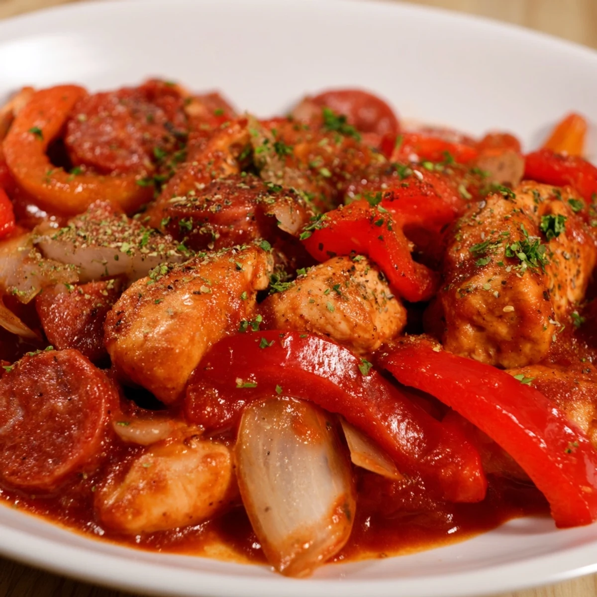 Sizzling chicken and chorizo with colorful bell peppers simmering in a rich tomato sauce.
