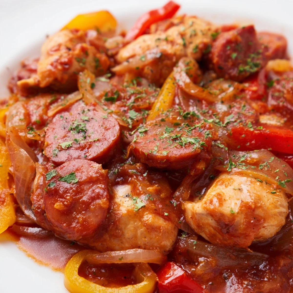 A hearty one-pan Mediterranean meal of tender chicken thighs and smoky chorizo with tomatoes.