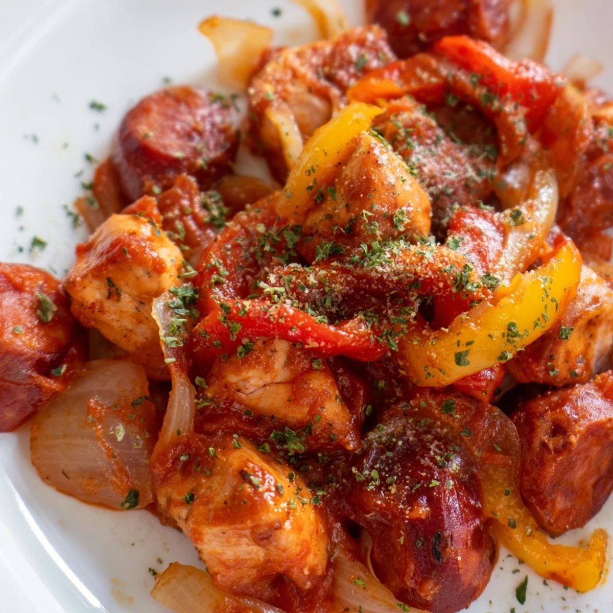 Serving suggestion for Capsicum, Tomato, and Chicken with Chorizo over rice with fresh parsley.