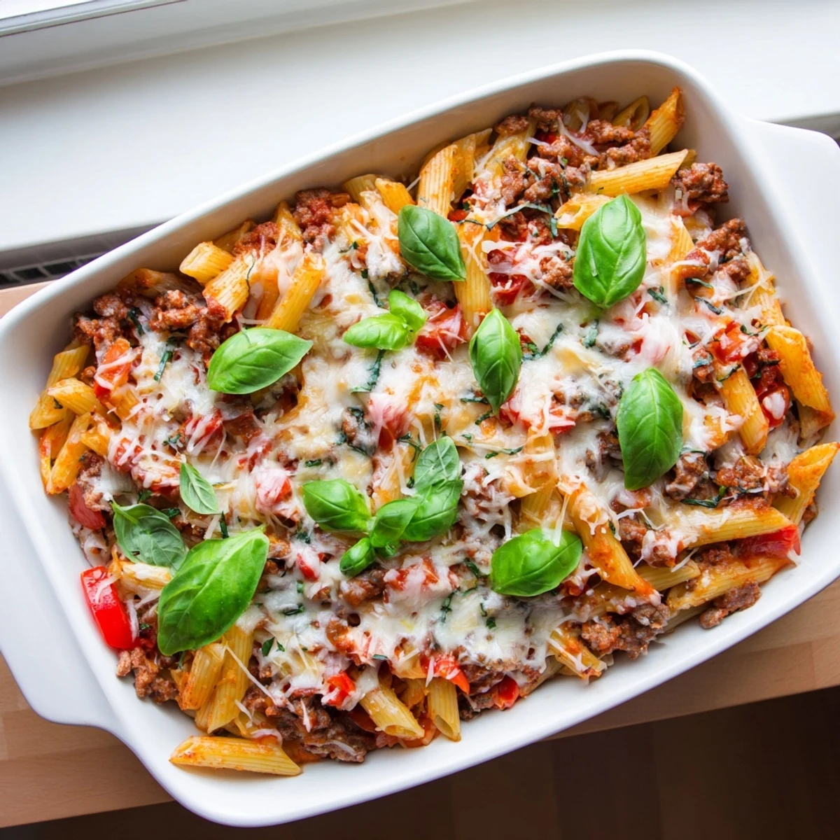 Golden melted mozzarella and Parmesan top the baked Quick Sausage Pasta Bake, with bubbling tomato sauce and fresh basil garnish on a rustic table.
