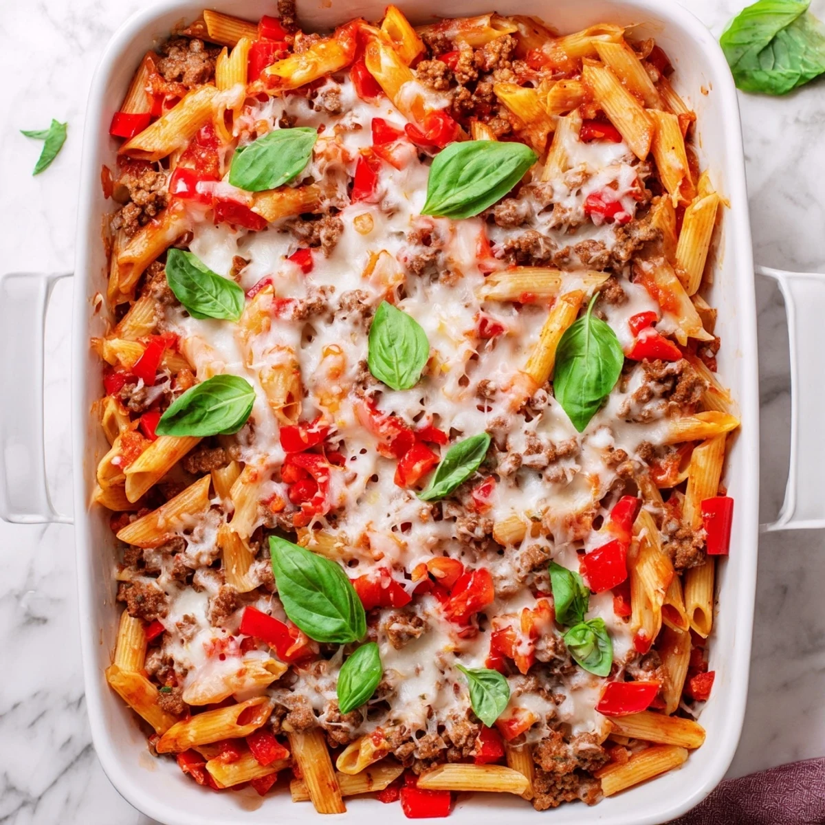 Sizzling Italian sausage and diced red bell pepper mix with penne in a skillet, forming the base of a comforting Quick Sausage Pasta Bake for family dinners.