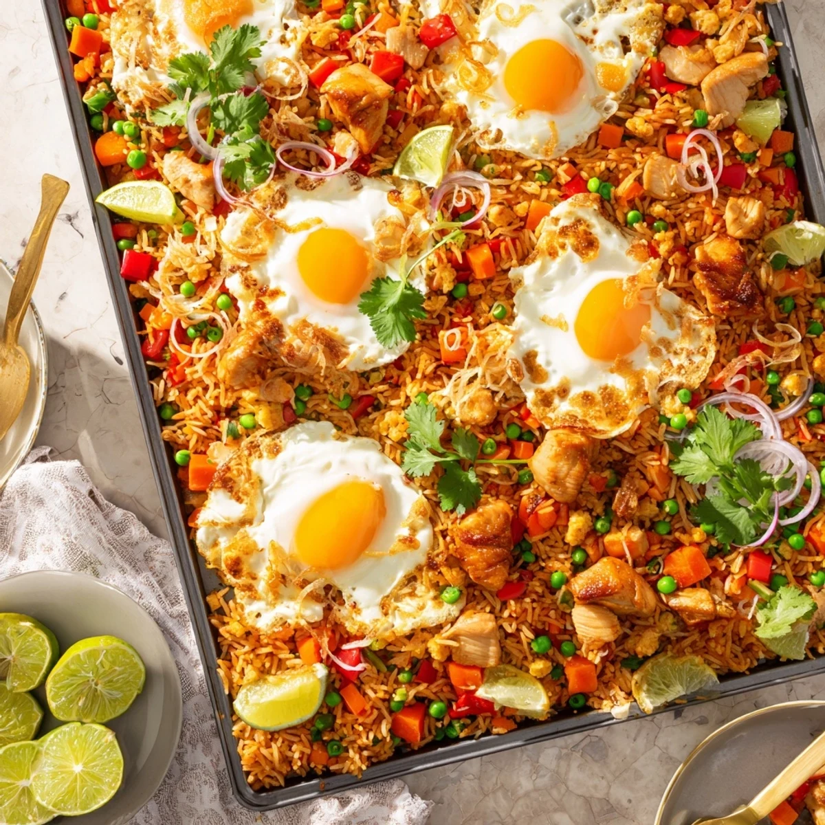 A close-up of Nasi Goreng Tray Bake reveals steaming rice, tender chicken, and fresh cilantro garnish with lime wedges on the side.