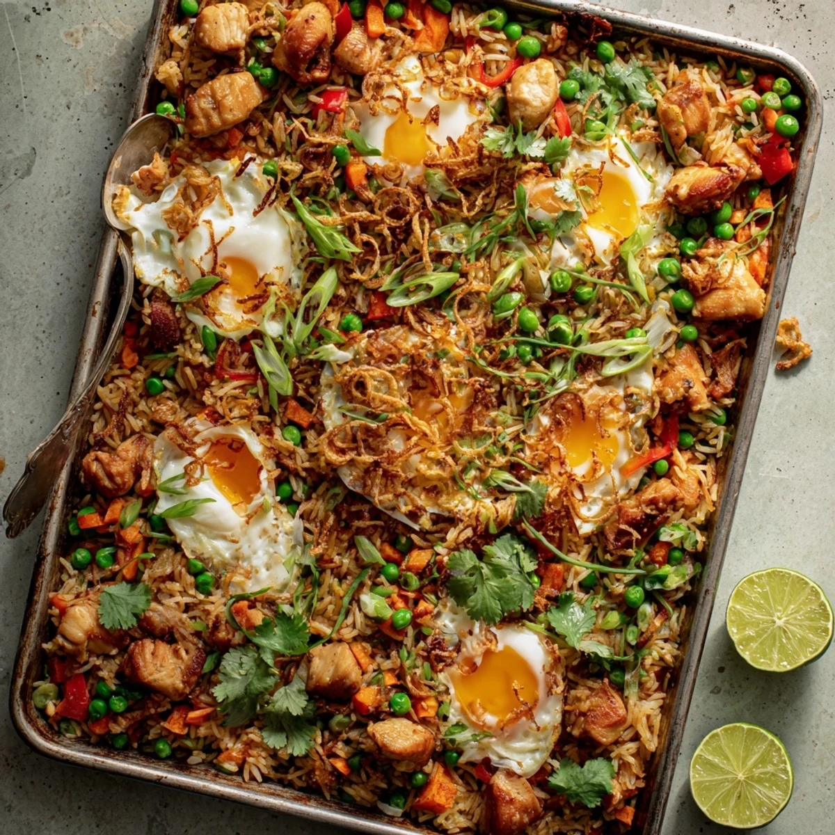 Overhead shot of Nasi Goreng Tray Bake featuring fluffy rice mixed with vegetables, baked chicken, and a drizzle of kecap manis sauce.