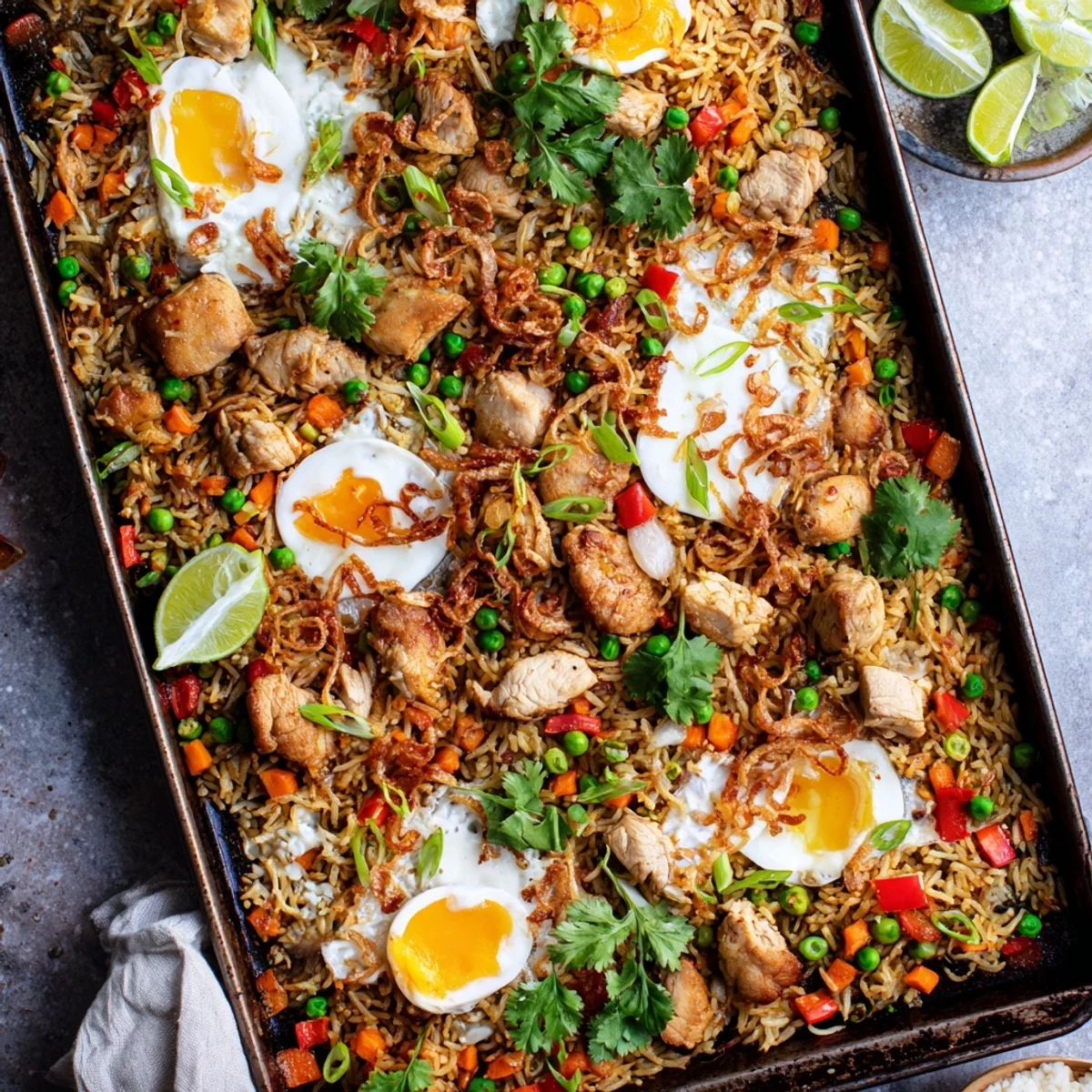 Golden chicken pieces and a sunny-side-up egg sit atop a colorful tray bake of Nasi Goreng with rice, peppers, and peas.