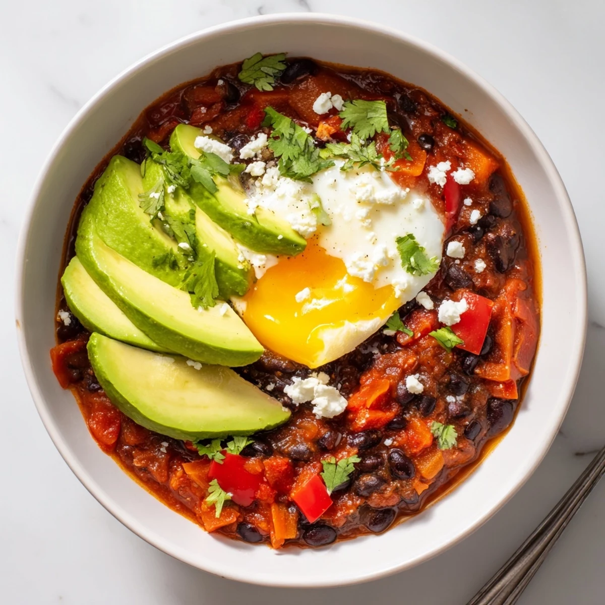 Mexican Braised Beans in a rustic bowl with avocado slices and lime wedge serving suggestion.
