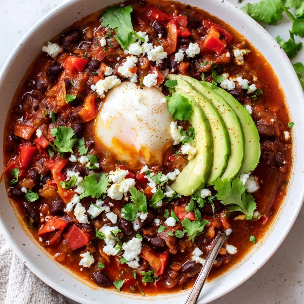 Creamy soft-boiled egg tops Mexican Braised Beans simmered with smoky cumin and fresh cilantro garnish.