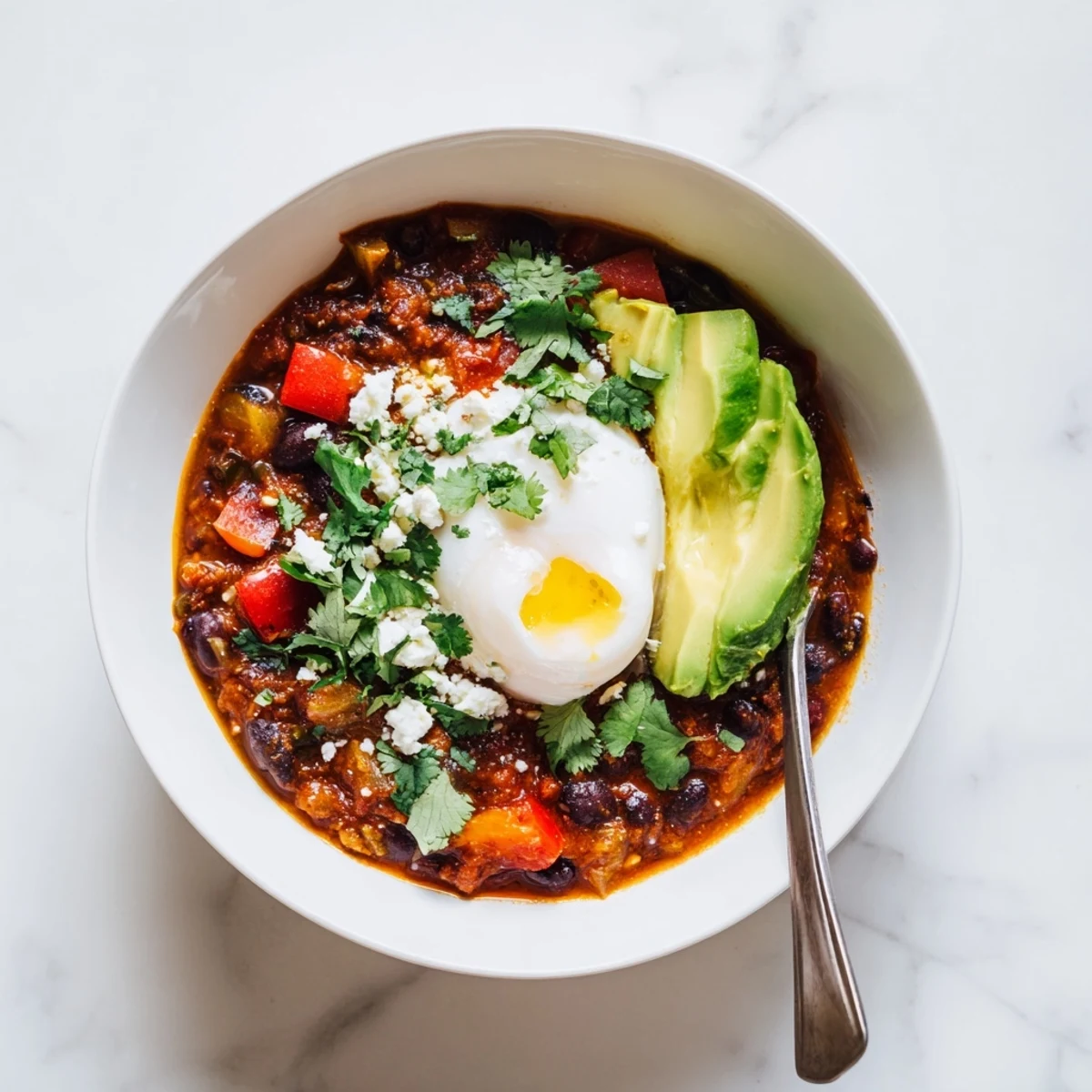 Tender braised beans with Mexican spices topped by soft-boiled egg and crumbled queso fresco.