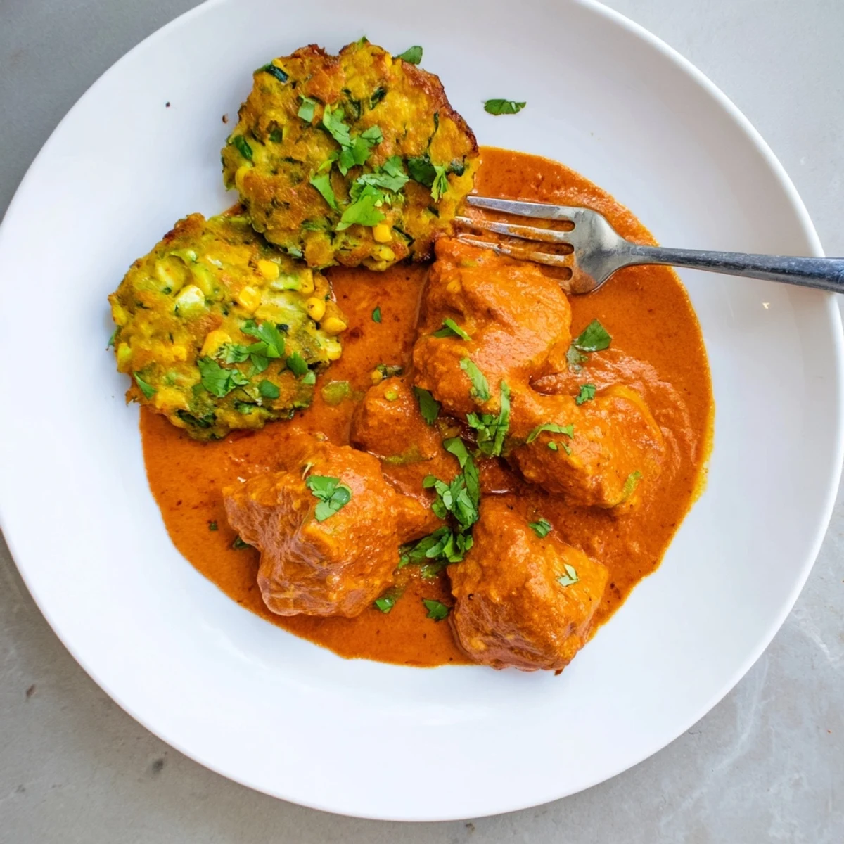 Golden-butter chicken pieces and crispy vegetable fritters sizzling on a skillet for a comforting meal.
