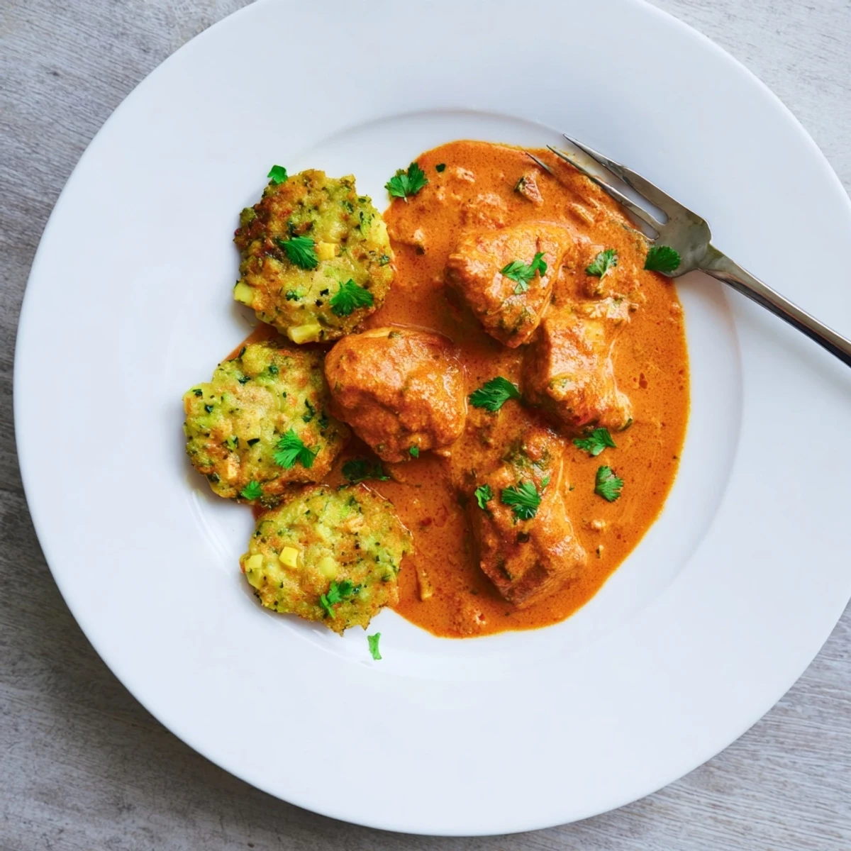Homemade Butter Chicken and Vegetable Fritters arranged on a rustic plate with creamy sauce drizzled over.