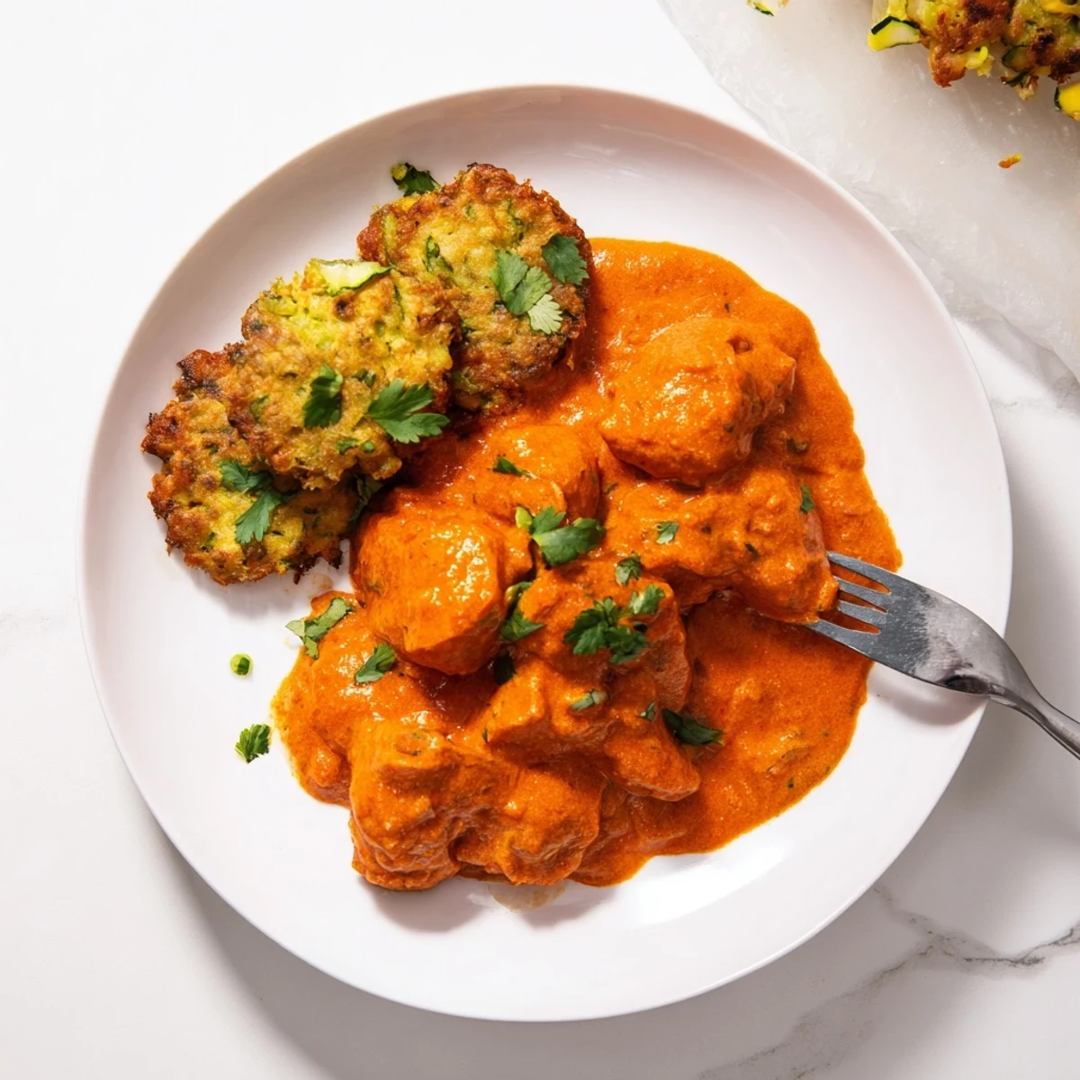 Close-up of spiced Butter Chicken and Vegetable Fritters garnished with cilantro, served alongside steamed rice.