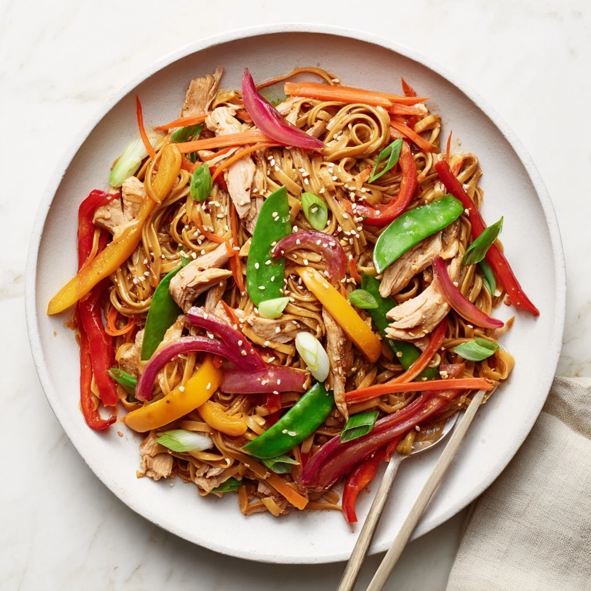 A steaming plate of Sweet Chilli Turkey Noodle Stir Fry with colorful bell peppers, carrots, and snap peas.