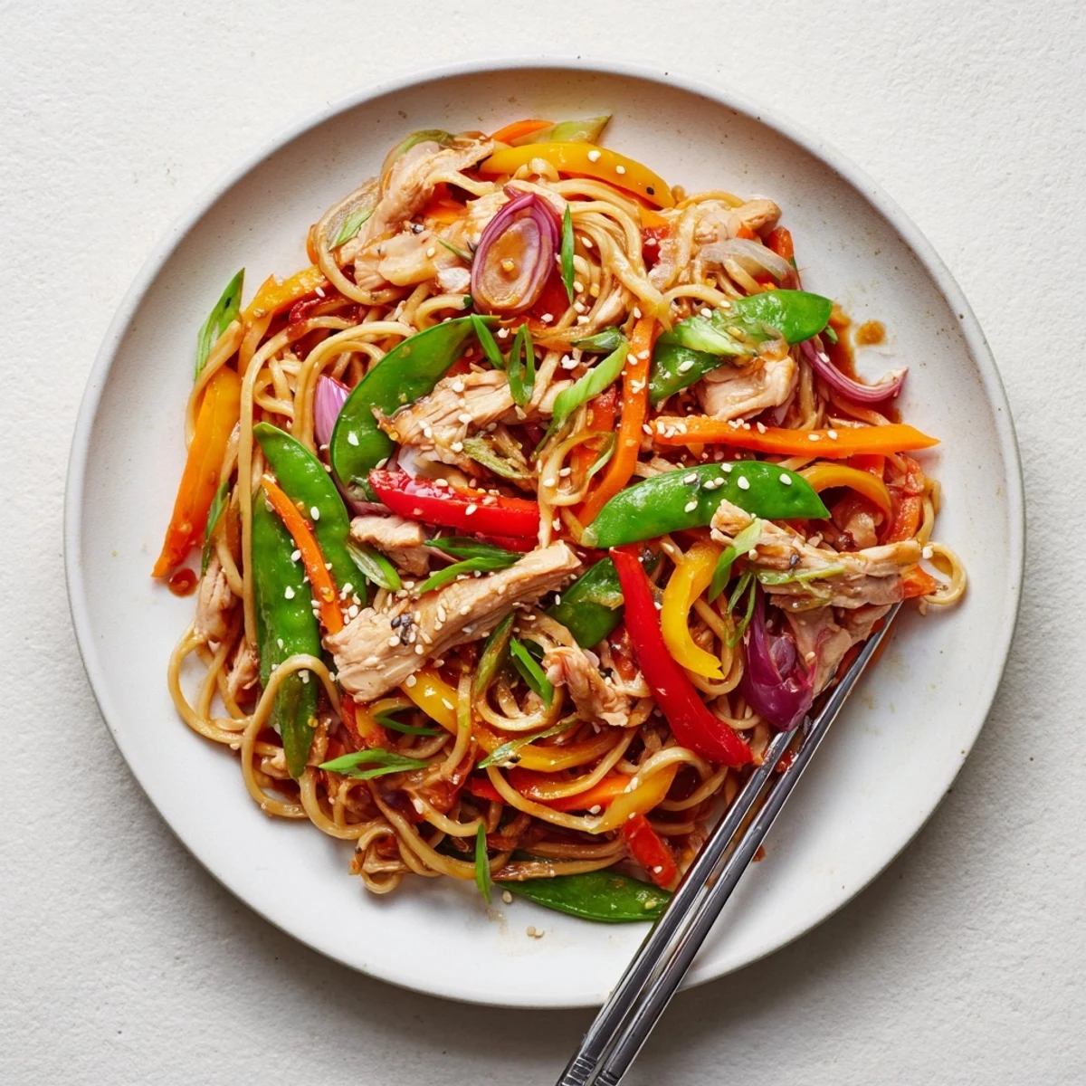 The finished Sweet Chilli Turkey Noodle Stir Fry garnished with sesame seeds and fresh herbs on a dinner plate.