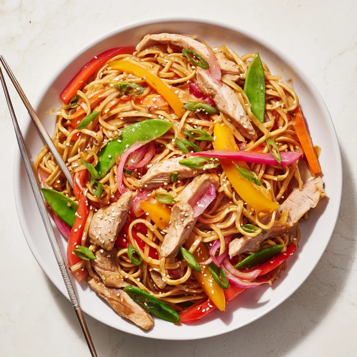 Quick-cooking Sweet Chilli Turkey Noodle Stir Fry served in a wok with tender turkey and glossy sauce.