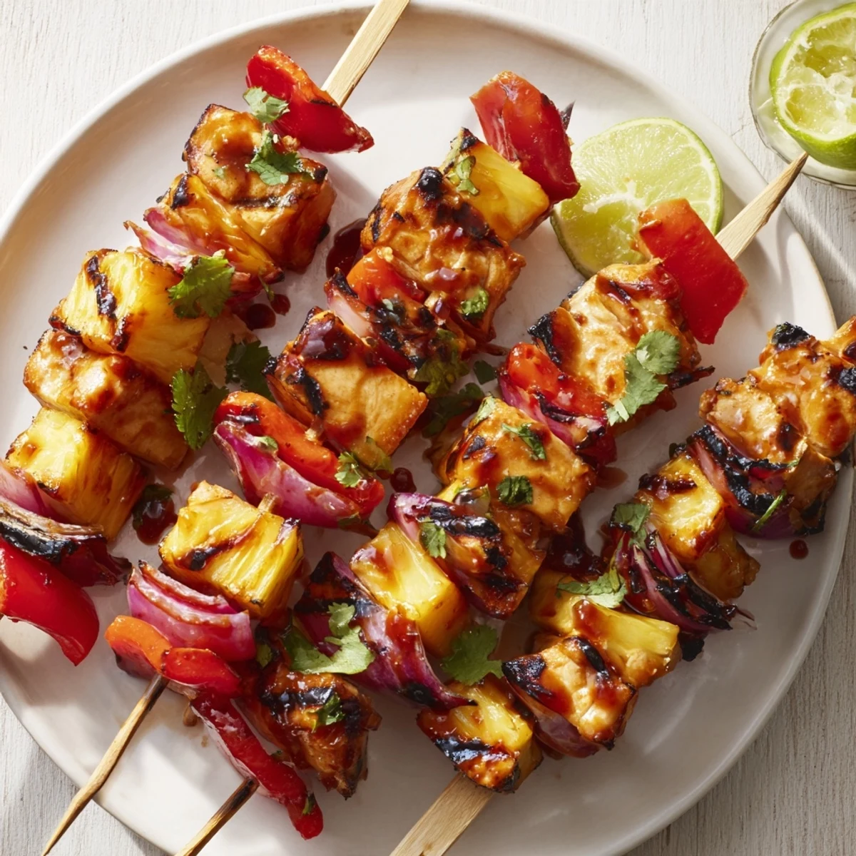 Golden-brown Chicken and Pineapple BBQ Skewers sizzle on the grill with charred edges and vibrant peppers.