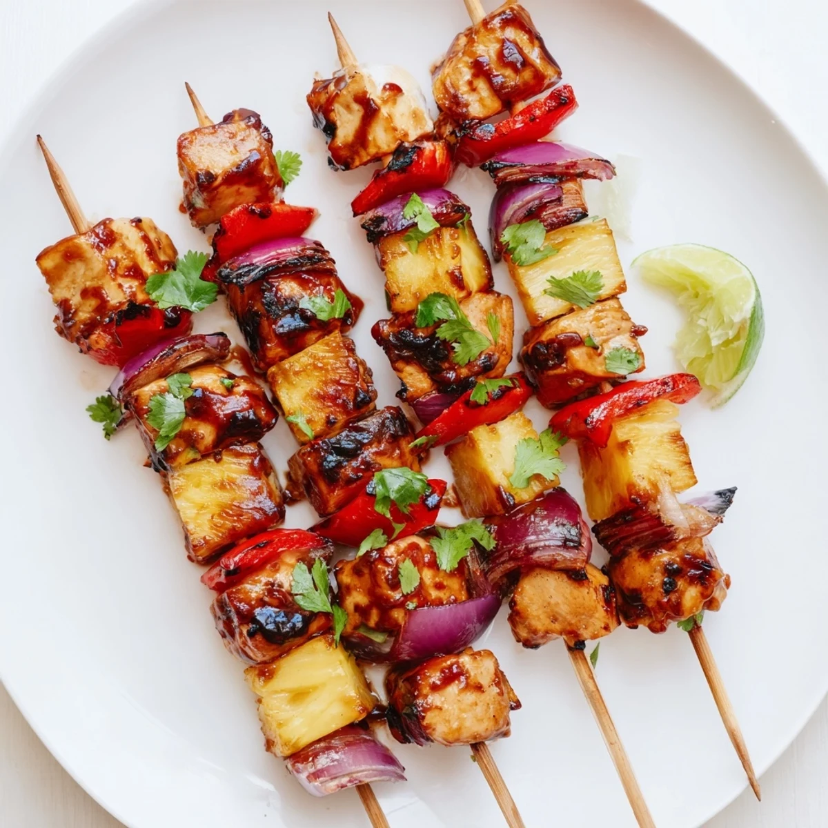Sizzling Chicken and Pineapple BBQ Skewers are served on a platter with fresh lime wedges.