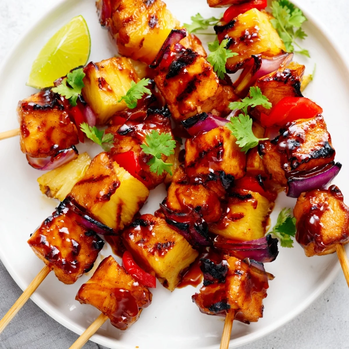 Skewers of Chicken and Pineapple BBQ Skewers feature juicy chicken and sweet pineapple chunks over rice.