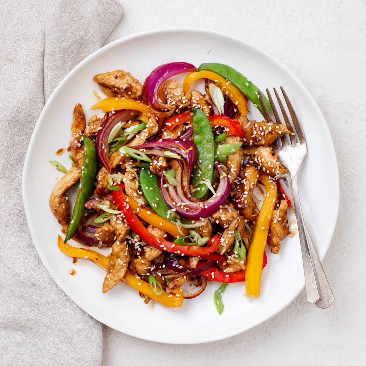 A close-up of Quick Sweet Chilli Chicken Stir Fry shows colorful veggies and juicy chicken coated in glossy sauce on a dinner plate.
