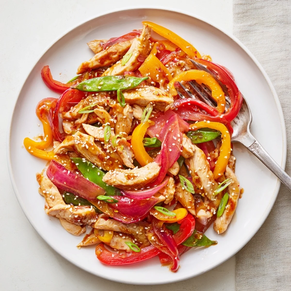 Quick Sweet Chilli Chicken Stir Fry sizzles in a wok with ginger and garlic, ready to be garnished with sesame seeds and spring onions.