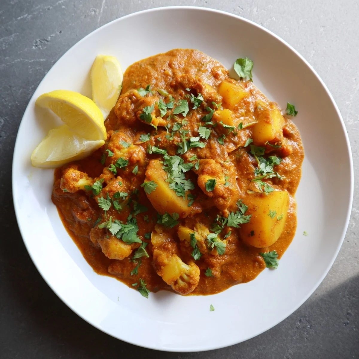 Indian Butter Spiced Potatoes and Cauliflower simmered in a fragrant, buttery sauce with tender vegetables, served alongside fluffy basmati rice and soft naan.