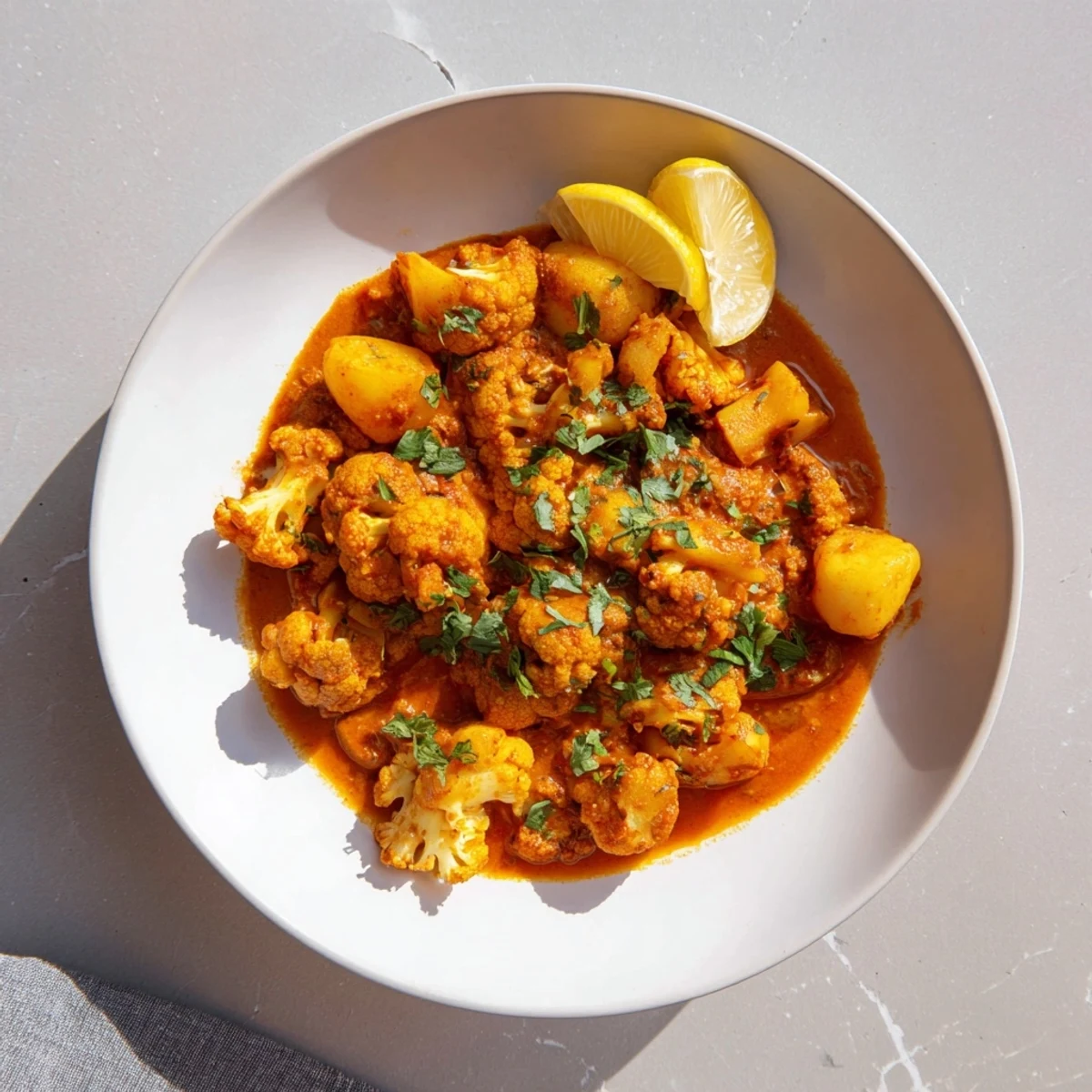 A steaming plate of Indian Butter Spiced Potatoes and Cauliflower glistens with a rich, creamy tomato sauce, garnished with fresh cilantro and lemon wedges.
