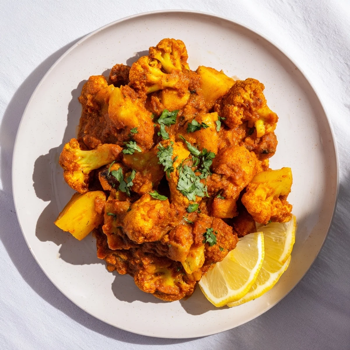 Close-up view of Indian Butter Spiced Potatoes and Cauliflower showing golden potatoes and cauliflower florets coated in a vibrant, spiced gravy.