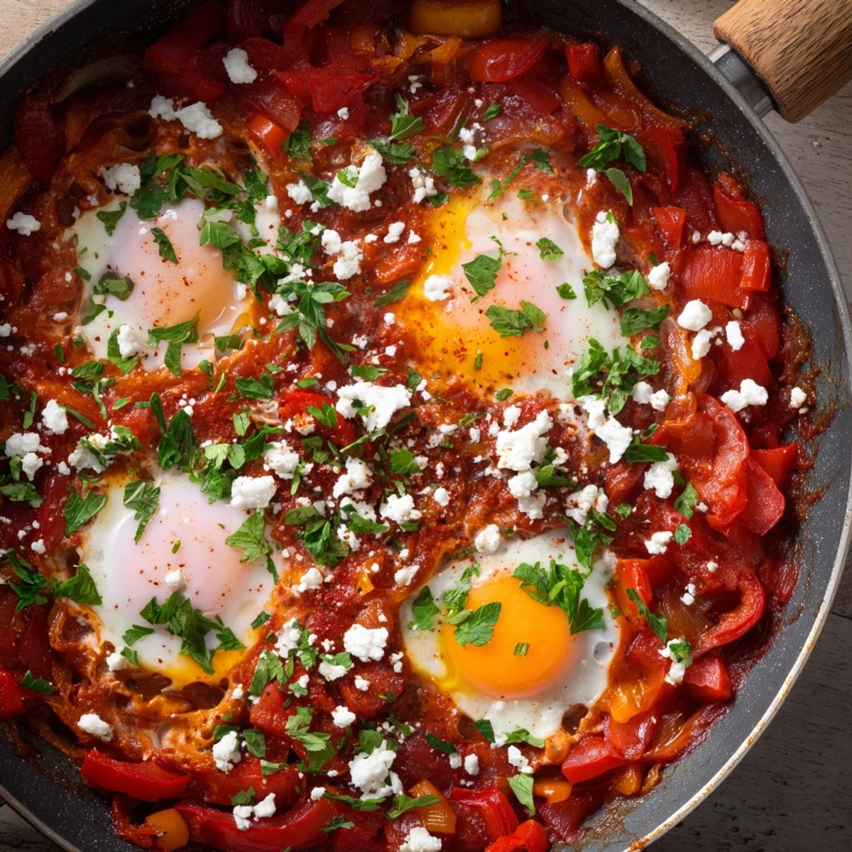 Vibrant shakshuka eggs simmer in a spicy tomato and pepper sauce, topped with fresh parsley in a cast-iron skillet.