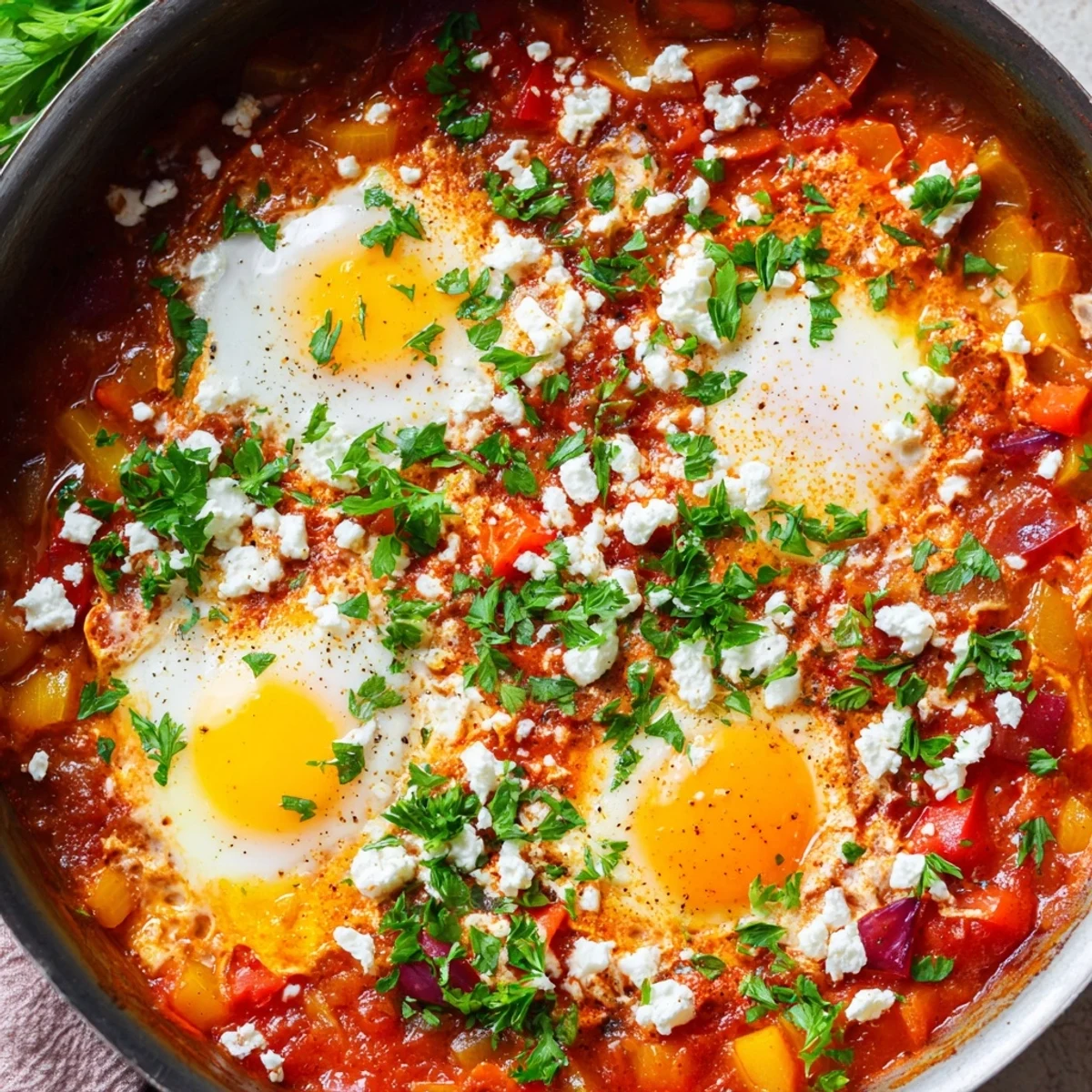 Steaming shakshuka eggs with feta garnish served alongside warm pita bread for a hearty Middle Eastern brunch.